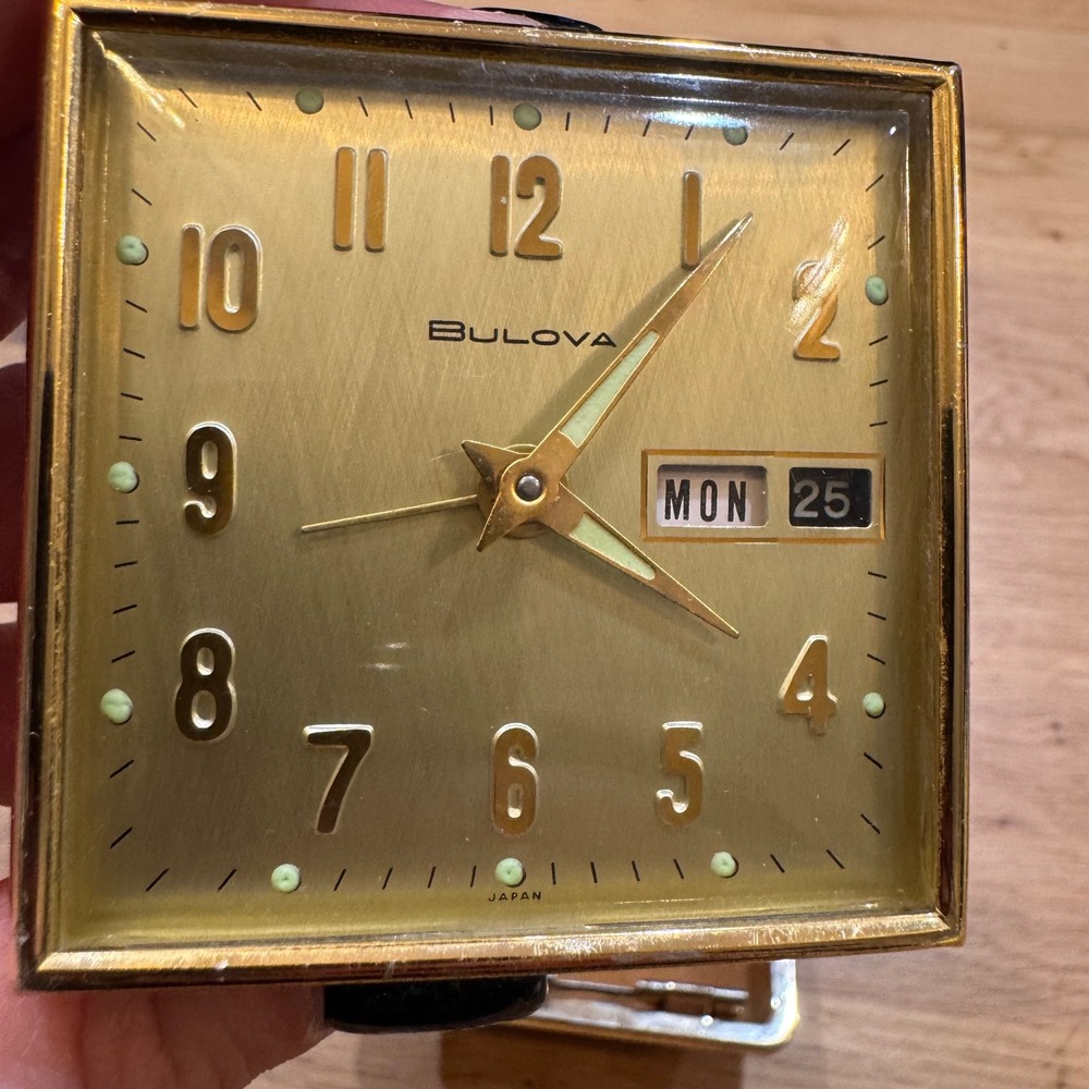 Vintage Bulova Travel Alarm Clock Gold Face Day Date Manual Wind Japan Tan Case